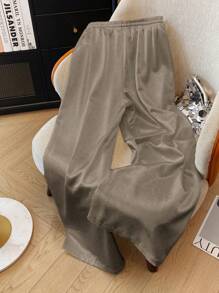 SHEIN Franclia Quần dài nữ màu trắng ống đứng giản dị, thanh lịch, dệt bóng, cạp rút dây, mùa xuân/hè - Màu Khaki - Xem 2