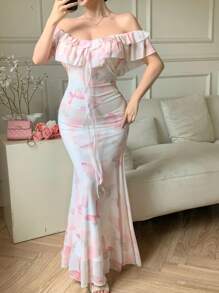 DAZY 1 buah Gaun Lengan Pendek Berenda Bahu Terbuka untuk Wanita, Gaun Panjang Model A-Line Pinggang Ekor Ikan Motif Kupu-kupu Bahu Terbuka - Baby Pink - View 5