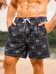Manfinity Swimmode Men's Palm Tree Print Drawstring Waist Beach Shorts - Black - View 5