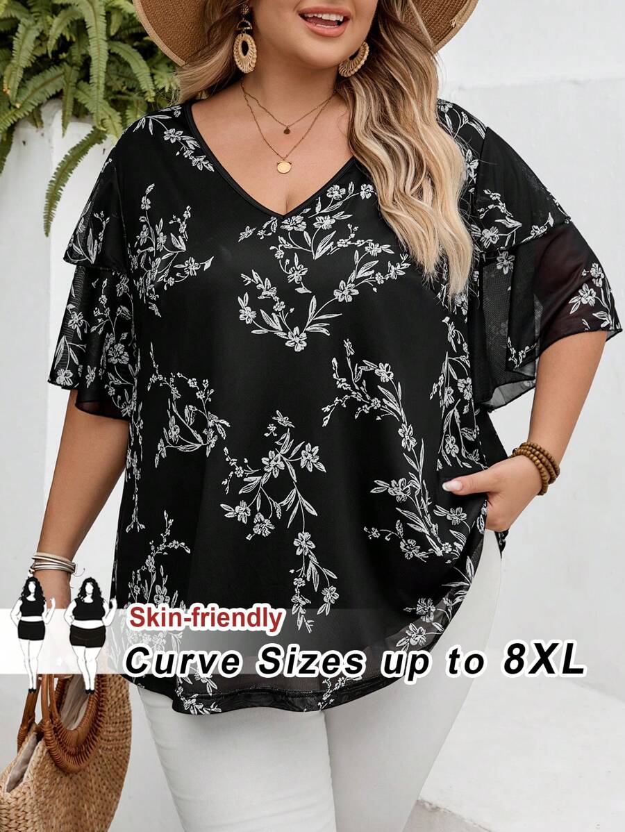 SHEIN CURVE+ 大码女式V领短袖雪纺印花荷叶边袖口宽松衬衫 - 彩色 - 查看 1