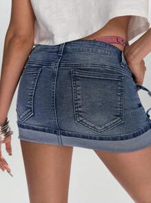 ROMWE J-Fashion Y2K Cyber Girl 朋克原宿垃圾摇滚下摆设计女式低腰迷你牛仔半身裙 - 藍色 - 查看 3