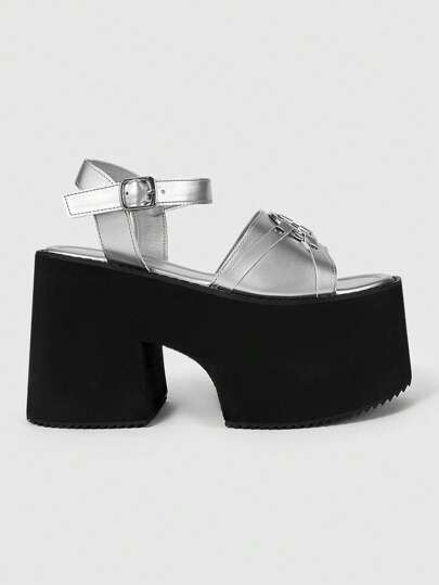 Grunge Punk Gothic Summer Women Thick Sole Strap Sandals, Chunky Heel Open Toe Retro Rock Star Decor, Fashionable Ankle Strap Backless Metal Buckle Comfy Casual Platform Shoes For Women, Halloween