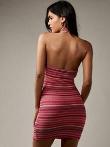 MISSGUIDED Đầm mini dệt kim kẻ sọc cổ yếm ôm sát dự tiệc câu lạc bộ đêm đi chơi bodycon mùa hè xuân không tay thời trang đầm co giãn - Nhiều màu - Xem 2