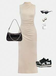 SHEIN Girlism Vestido sin mangas color albaricoque con pliegues en la cintura para adolescentes - Albaricoque - Ver 3