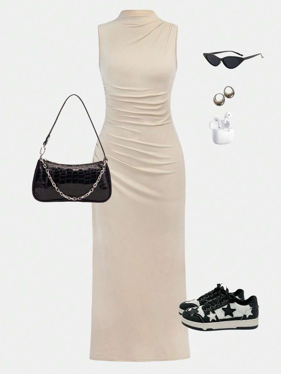 SHEIN Girlism 少女杏色腰褶无袖连衣裙 - 杏色 - 查看 1