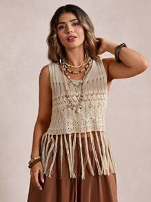 SHEIN VCAY 大码女式宽松针织上衣，流苏下摆，休闲钩针背心，可爱夏季上衣，适合夏季复活节、节日、锐舞派对、波西米亚风、毕业典礼、婚礼宾客、女士度假、波西米亚风音乐节、乡村音乐会、早午餐等场合。 - 杏色 - 查看 3