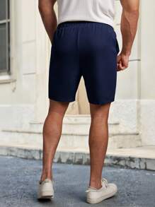 HIMLAND Men's Solid Color Drawstring Waist Casual Shorts, Versatile - Navy Blue - View 2