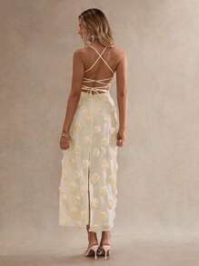 Glamine 女士露背可调节肩带浪漫刺绣花卉连衣裙 - 香檳色 - 查看 1