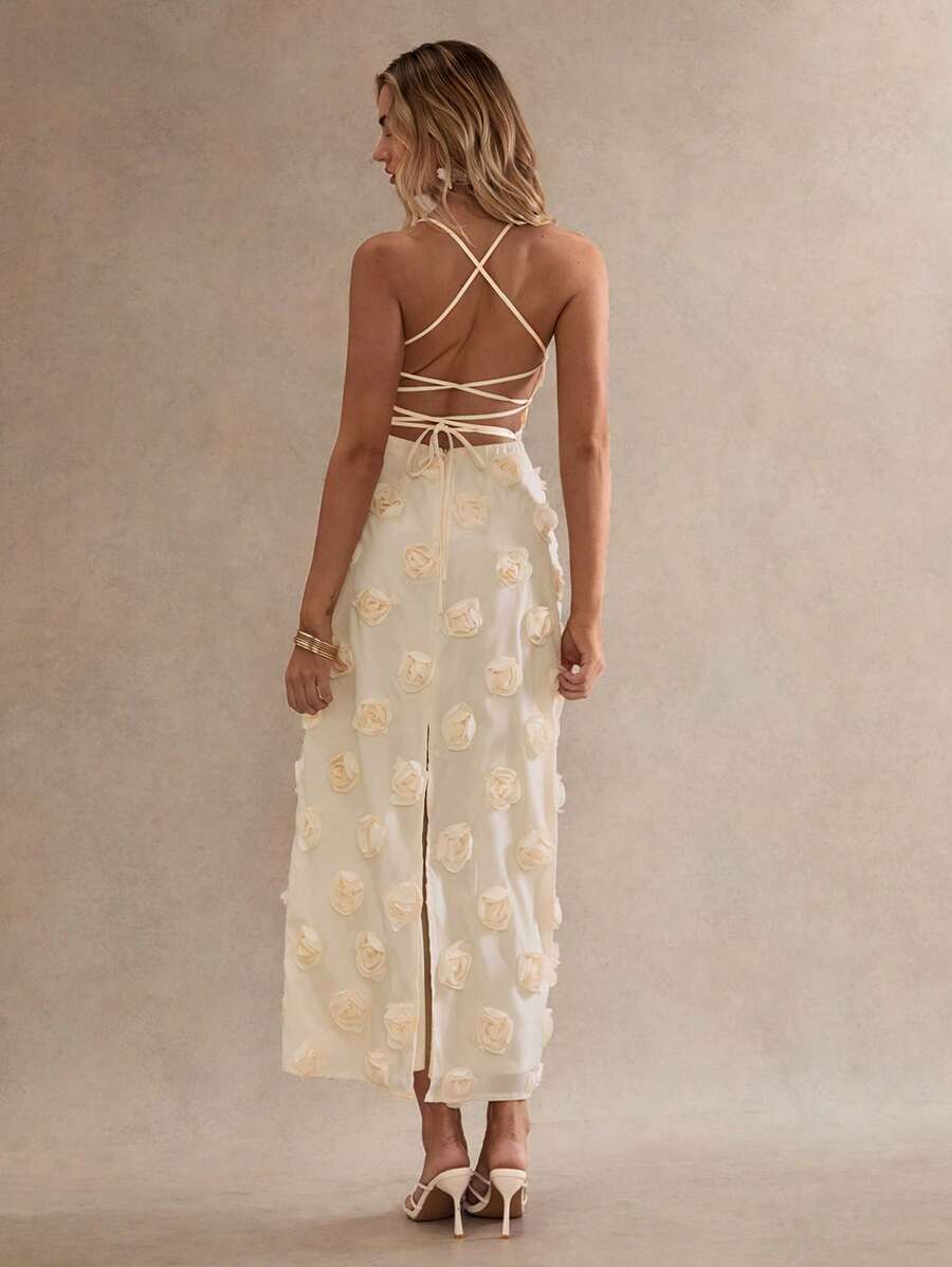 Glamine 女士露背可调节肩带浪漫刺绣花卉连衣裙 - 香檳色 - 查看 1