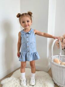 SHEIN Playful Pals 女童纯棉荷叶边牛仔连衣裙 - 淺色水洗藍 - 查看 1