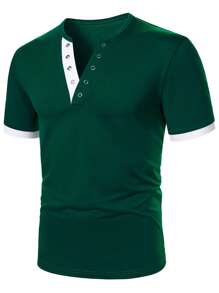 Manfinity Homme Camiseta casual de manga corta con botones y puños en contraste para hombre, verano - Verde - Ver 5