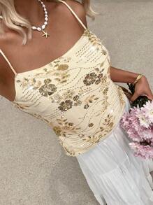 SHEIN EZwear Damen Sommer Perlen Rückenfrei Trägerhemd, geeignet für Urlaubsmode