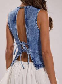 SHEIN BAE 女式性感露背无袖牛仔吊带背心，夏季 - 中等水洗藍 - 查看 4