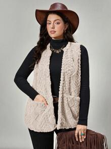 SHEIN LUNE Áo vest nữ cỡ lớn, thường ngày, có họa tiết lông xù, túi đôi, mở phía trước, thích hợp cho mùa thu, quần áo thu cỡ lớn, áo vest nữ, áo vest lông xù, áo vest lông giả, áo len cardigan không tay - Màu Khaki - Xem 5