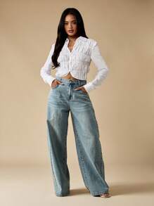 MISSGUIDED 褶饰前领纽扣长袖衬衫短款上衣休闲秋春时尚 - 白色 - 查看 3