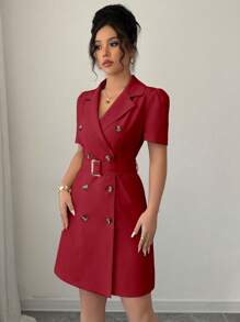 Rafferiza Women's Simple Solid Color Lapel Tie Waist Double Breasted Short Puff Sleeve Dress, Summer - Red - View 4