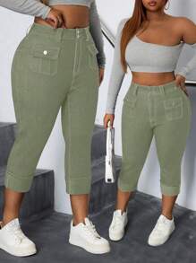 SHEIN CURVE+ Jeans ajustados y cortos de estilo bohemio con elástico para mujer de talla grande, para verano