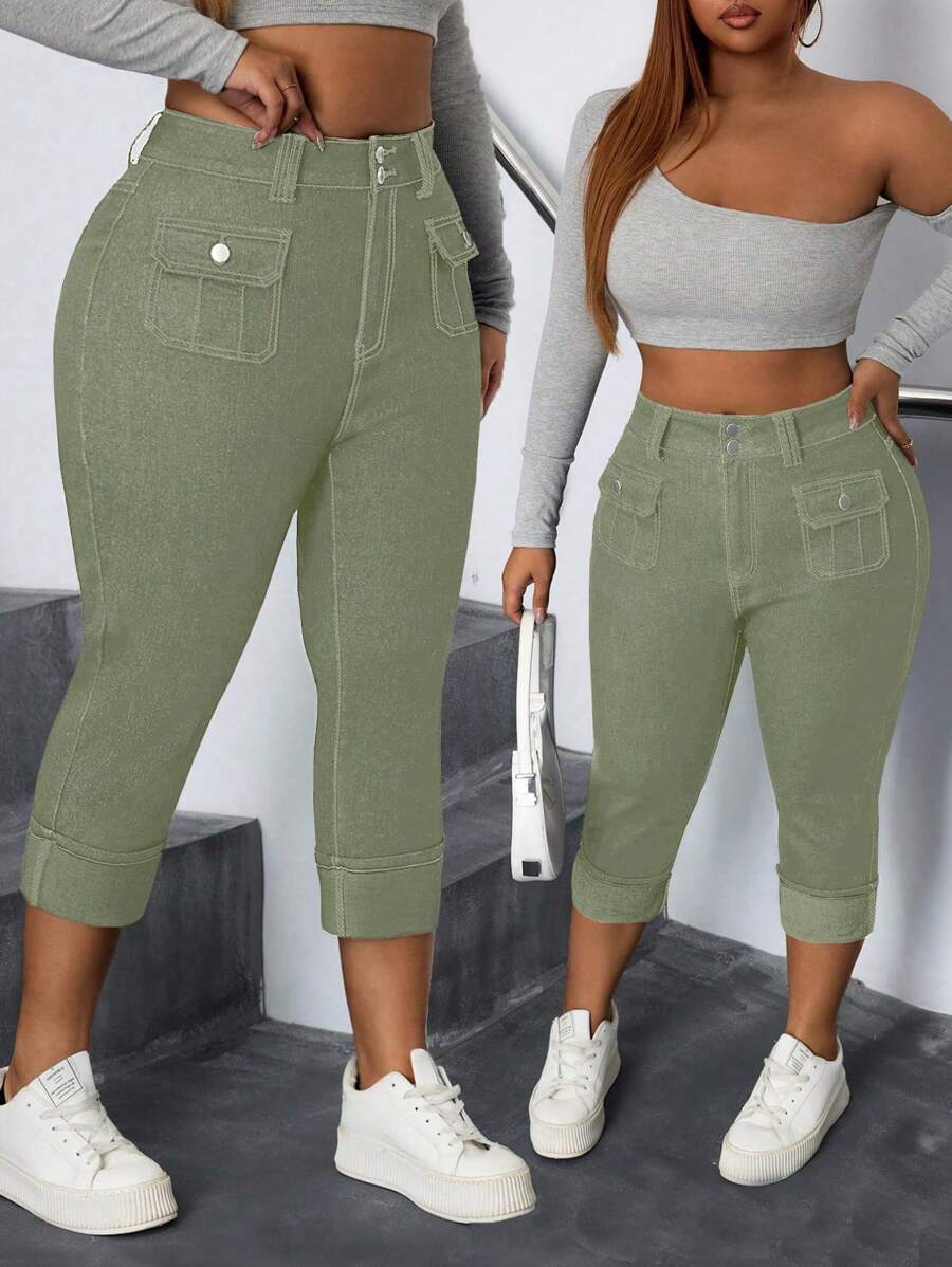 SHEIN CURVE+ Jeans ajustados y cortos de estilo bohemio con elástico para mujer de talla grande, para verano