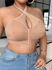 SHEIN 加大码舒适无钢圈低胸挂脖文胸 - 駝色 - 查看 4