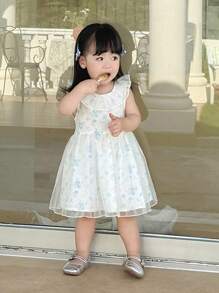 Dazy Kids Baby Mädchen V-Ausschnitt Kleid mit Blumen-Muster, Mesh-Patchwork, mittellange Länge, für Geburtstagsfeiern und formelle Anlässe