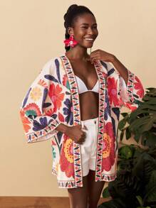 Travachic 波西米亚风印花长款衬衫，落肩袖设计，适合新年、婚礼宾客、优雅毕业典礼、休闲场合和秋季穿着。 - 彩色 - 查看 1