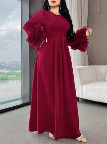 Feyla Damen bescheidenes Kleid mit festgeschnürter Taille, langärmelig, einfarbig im arabischen Stil