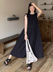 DAZY Đầm midi buộc eo không tay màu trơn phong cách Hàn Quốc mùa hè cho nữ - Màu xanh hải quân - Xem 7
