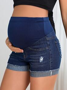 SHEIN Maternity Simple Casual Denim Shorts - Dark Wash - View 6