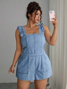 SHEIN EZwear Plus Size Women Patchwork Ruffle Pocket Denim Romper, Summer,Back To School - Blue - View 4