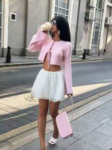 Jouncy Women's Casual Solid Color Tie Front Crop Cardigan With Flare Sleeves Fall Winter Cloth For Women - Pink - View 5