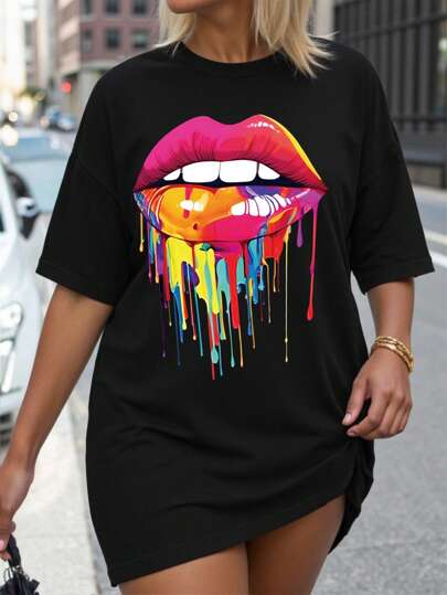 Calvaya Plus Size Lips Printed Short Sleeve T-Shirt Graphic Tees Women Tops