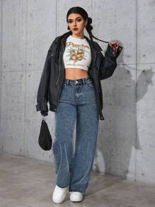 SHEIN PETITE 女士宽松口袋装饰阔腿休闲百搭牛仔裤 - 藍色 - 查看 6