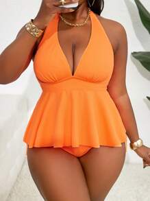 SHEIN Swim Curve Plus Size Solid Simple Daily Tankini Set For Summer Beach Vacation - Orange - View 3