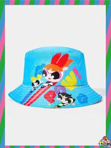 THE POWERPUFF GIRLS X SHEIN Reversible Blue Cartoon Letter Print Bucket Hat - Blue - View 1