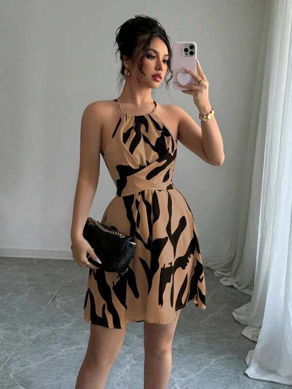 Elenzga Vestido de mujer elegante de cuello halter sin mangas con estampado en negro y blanco