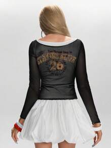 ROMWE Grunge Punk Y2K Sexy Sheer Mesh Printed Off-Shoulder Women Top - Black and White - View 2