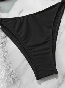 Soleia 女款军绿色针织纹理罩杯褶皱麻花针织拼布比基尼套装，度假风