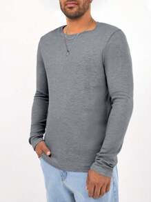 RueChic Camiseta básica de cuello redondo de unicolor de manga larga para hombre