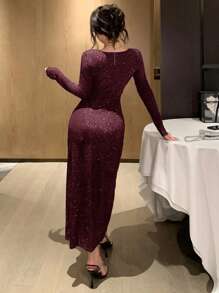 DAZY 女士中长款亮片腰部褶皱连衣裙，闪光连衣裙，长袖闪光连衣裙，酒红色闪光连衣裙，闪亮连衣裙，优雅闪光连衣裙，秋季连衣裙，奢华舞会礼服，新年女士服装，嘉年华 - 酒紅色 - 查看 4