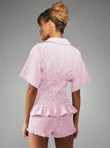 MISSGUIDED Gingham Smocked Waist Shirred Ruffle Hem Shirt With Shorts Summer Holiday Casual Beachwear Resort Coord