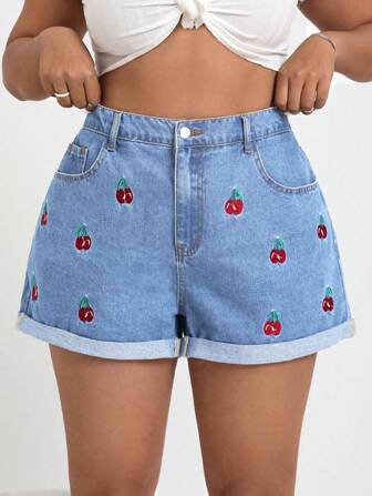 SHEIN CURVE+ Plus Size Hippie Style Women's Non-Stretch Denim Shorts With Cherry Embroidery, Sexy Vacation