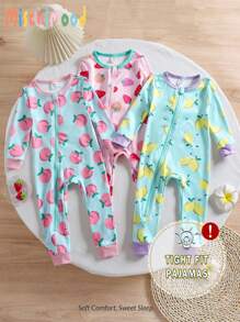 3pcs/Set Baby Girls' Spring/Summer Knit Round Neck Long Sleeve Jumpsuit, Fruit Print Design Of Peach, Lemon, Strawberry, Colorblock, Casual Homewear Set Snug Fit Fall Winter - Multicolor - View 7
