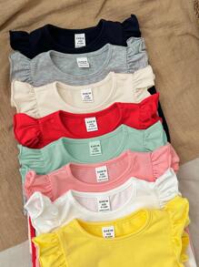 SHEIN Leap Crew 8pcs/Set Baby Girl Cute Short Cap Sleeve Solid Knit Tops, Summer - Multicolor - View 4