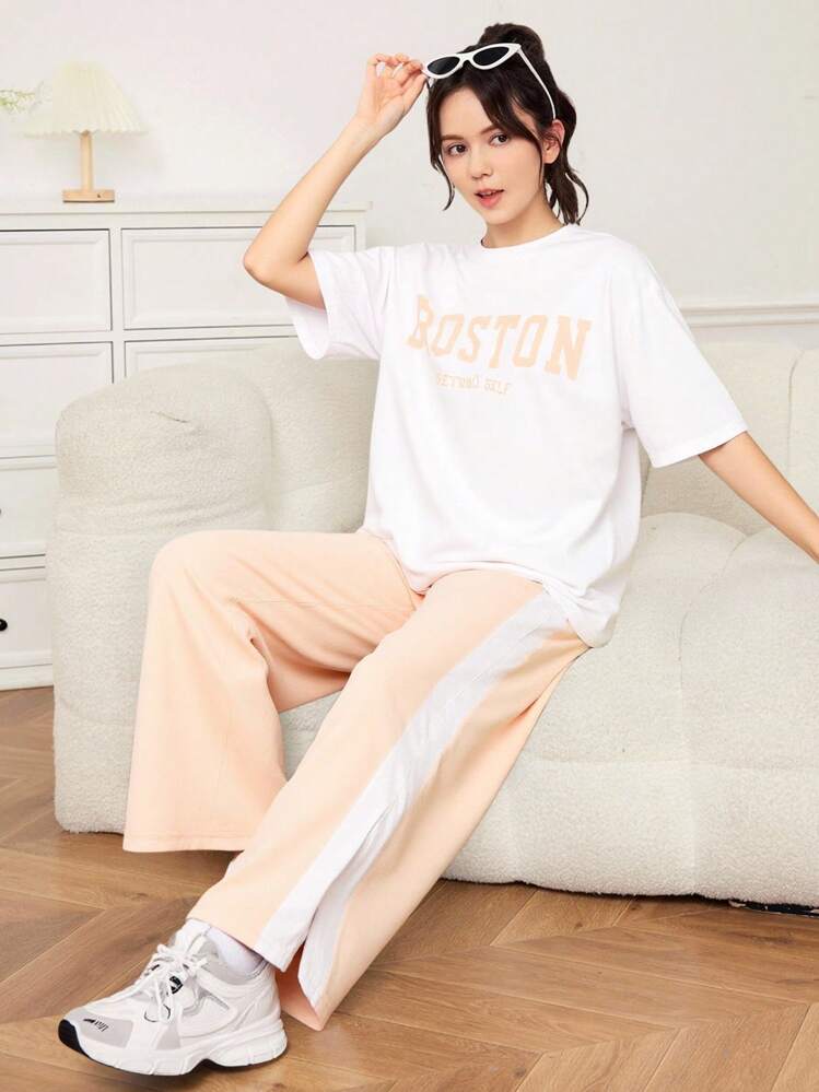 SHEIN Conjunto de 2 peças para meninas adolescentes casual slogan estampa contraste cor bainha dividida calças - Rosa - Ver 1