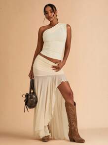 SHEIN BAE Women's Solid Color Ruffle High Waist Asymmetrical Hem Casual Skirt, Summer - Apricot - View 5