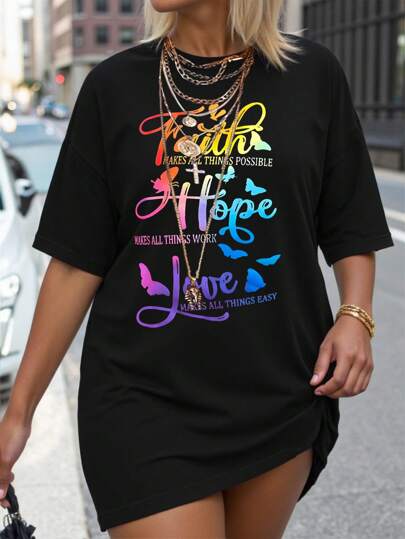 Calvaya Plus Size Women's Slogan Butterfly Printed Round Neck T-Shirt, Faith MAKES ALL THINGS POSSIBLE Hope MAKES ALL THINGS WORK Love MAKES ALL THINGS EASY Graphic Tees Women Tops