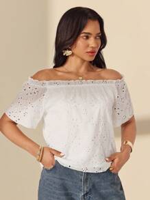 Almamuse Women's Solid Color Casual Embroidered Off Shoulder Blouse - White - View 4