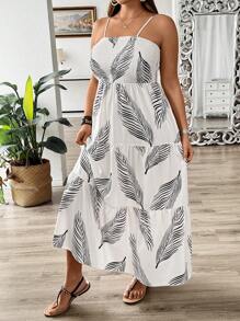 SHEIN Clasi Plus Size Holiday Style Leaf Printed Pleated Cami Dress Maxi Women Outfit - White - View 4