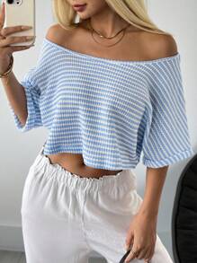 SHEIN EZwear 斯德哥尔摩风格机场女士蓝色条纹针织女短款休闲宽松T恤女夏季上衣蓝白条纹上衣夏季上衣女短款上衣 - 藍白色 - 查看 4