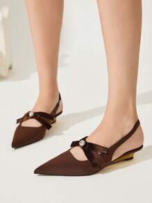 CUCCOO CHICEST New Summer Women Shoes, Elegant Romantic Pointy-Toe Wedge Heels With Pearl & Bow Decor, Chocolate Color, Suitable For Tea, Dates, Parties, Fashion Outfits - Brown - View 7